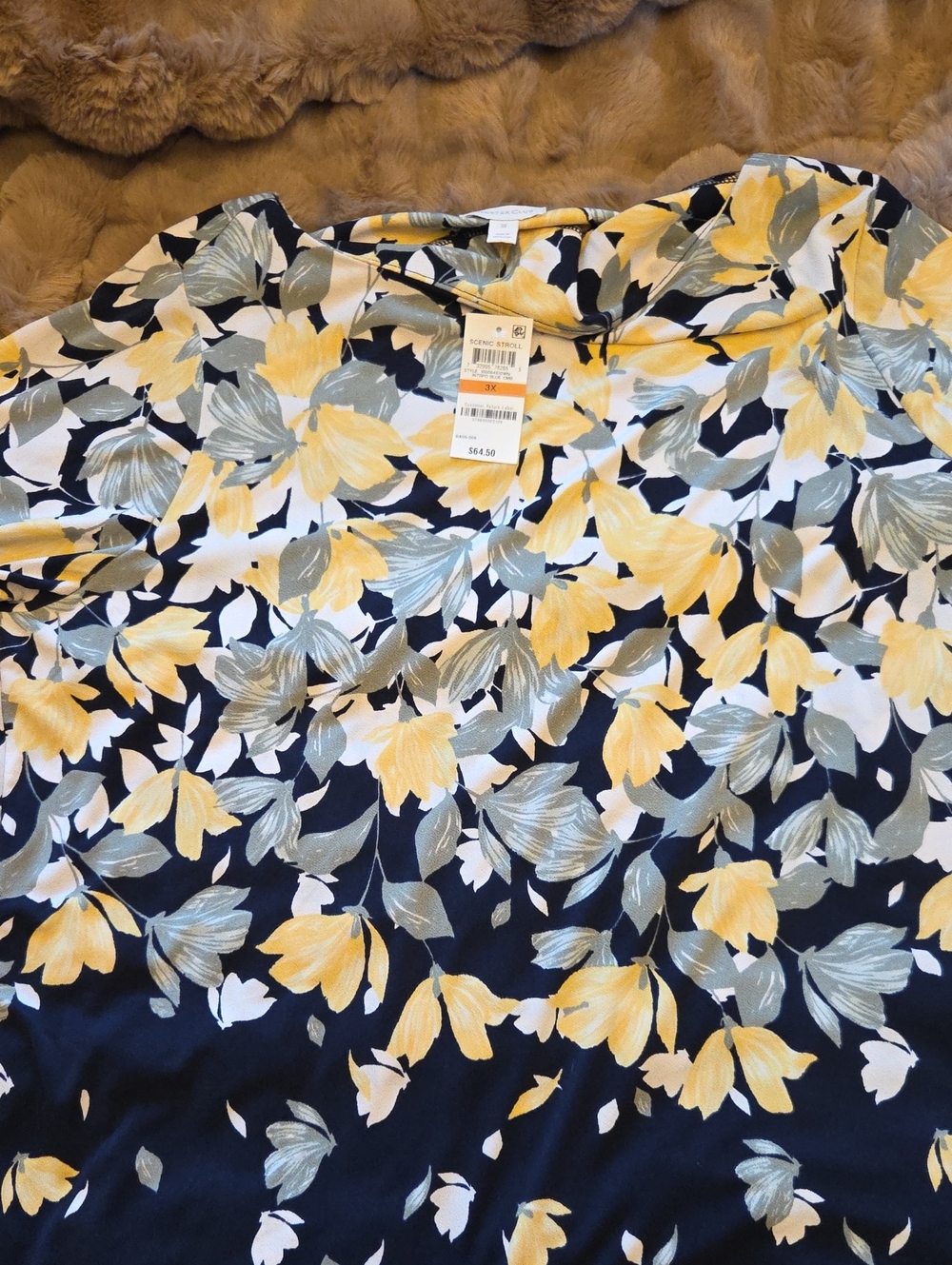 Liz Claiborne Navy Floral Top with Yellow and Gray Leaves